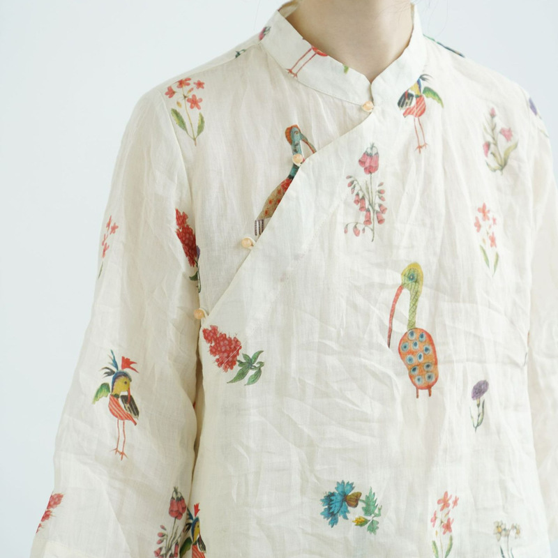 Original Tea Room New Chinese Style Stand-Collar Ramie Top, National Trend Wide-Sleeve Digital Print Sun Protection Shirt S25155
