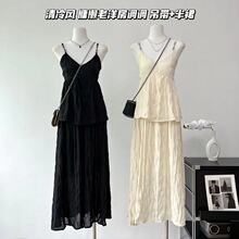 【セットアップ】现货时尚休闲慵懒老洋房调调吊带套装上衣+半裙两件套女