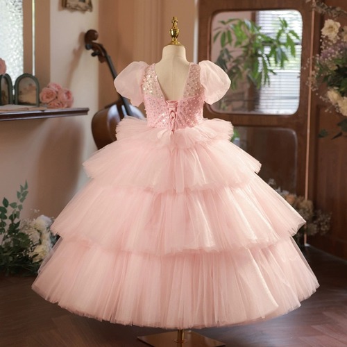 Children's evening dress pink princess dress, stylish for big kids fashion show puffed dress for girls, host piano performance costume autumn