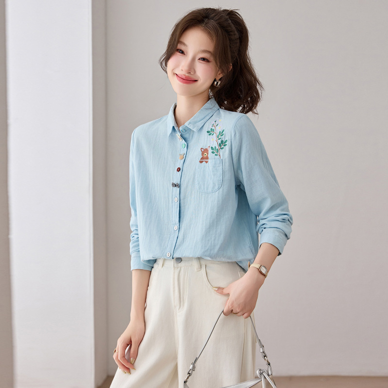 2026 Autumn Fashion: Artistic Cartoon Pocket Embroidery Balloon Double Layer Gauze Women's Cardigan Long Sleeve Ladies' Shirt
