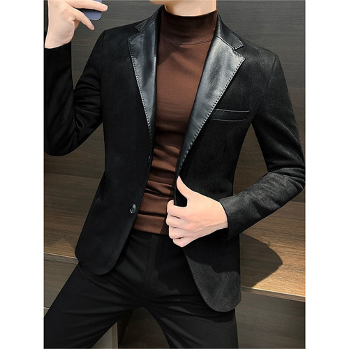 High-end Leisure Suit New Hong Kong Style Western Suit Autumn/Winter Splicing Outerwear Men's Leather Cowhide Cool Style Machine Washable