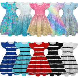 跨境新款飞飞袖公主裙亮片彩色周边3D数码印花儿童牛奶丝连衣裙女