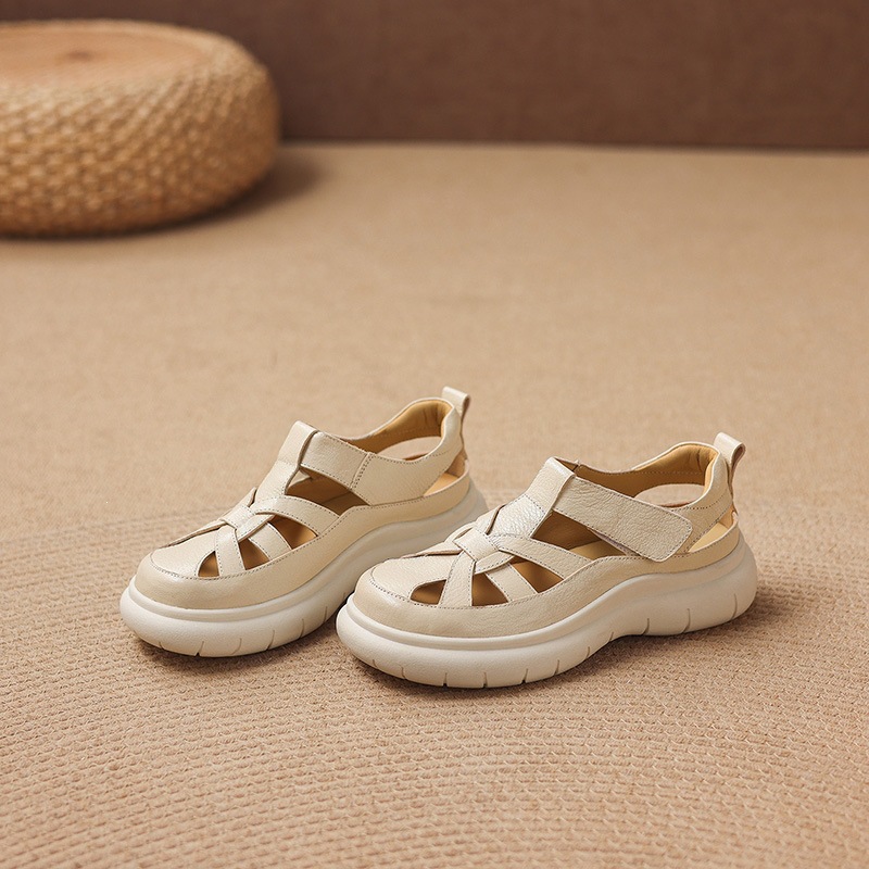 Sandal nữ đế dày da cừu phối quai ngang phong cách học đường — màu đen, màu trắng ngà chi tiết 60