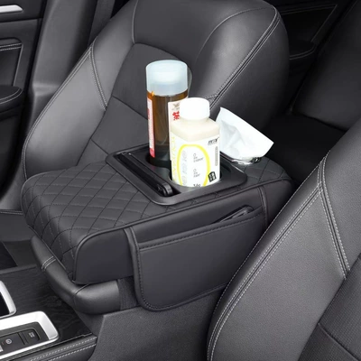 Box Pad, Armrest Box Protective: Armrest box pad - quilted-embroidery-four-in-one-pure-black