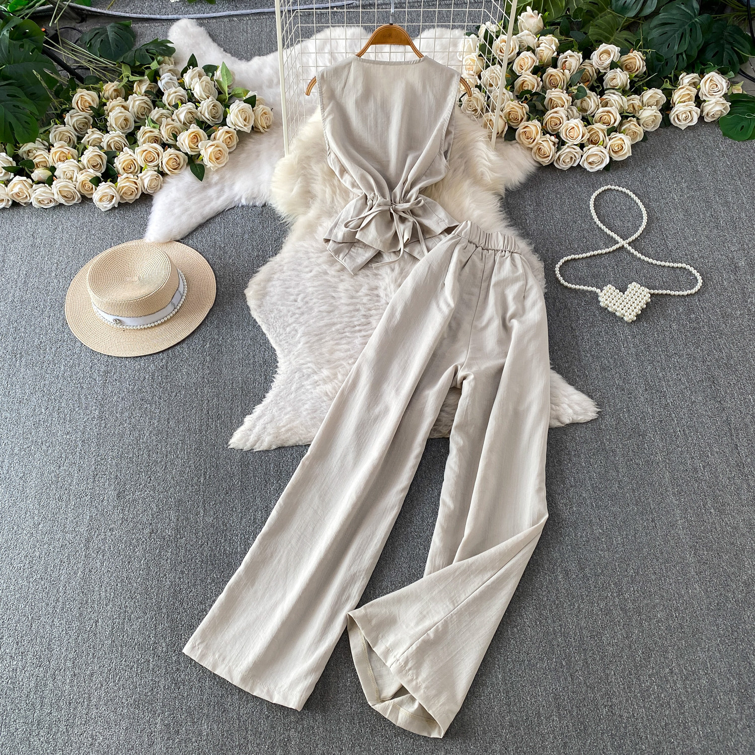 Women's Retro Style Two Piece Set Sleeveless V-Neck Jacket & High-Waisted Wide Leg Trousers Slimming Summer Pant Suit_ecoleips.com