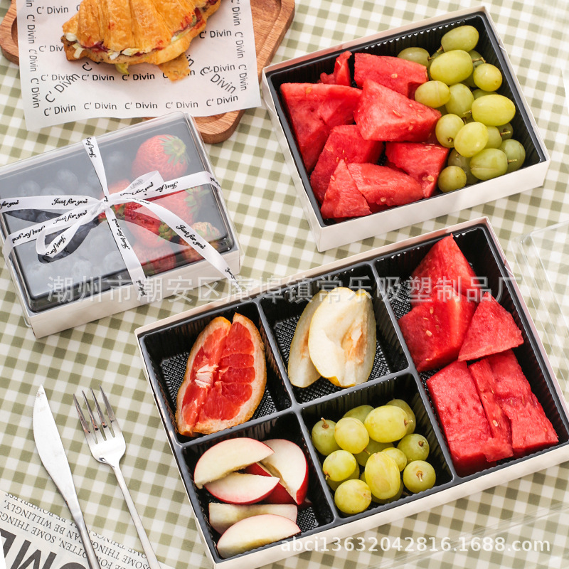 Caja de embalaje de fruta cortada no plegable, caja de embalaje desechable a prueba de niebla de cuatro cuadrones, cinco cuadrones y seis cuadrones de sushi