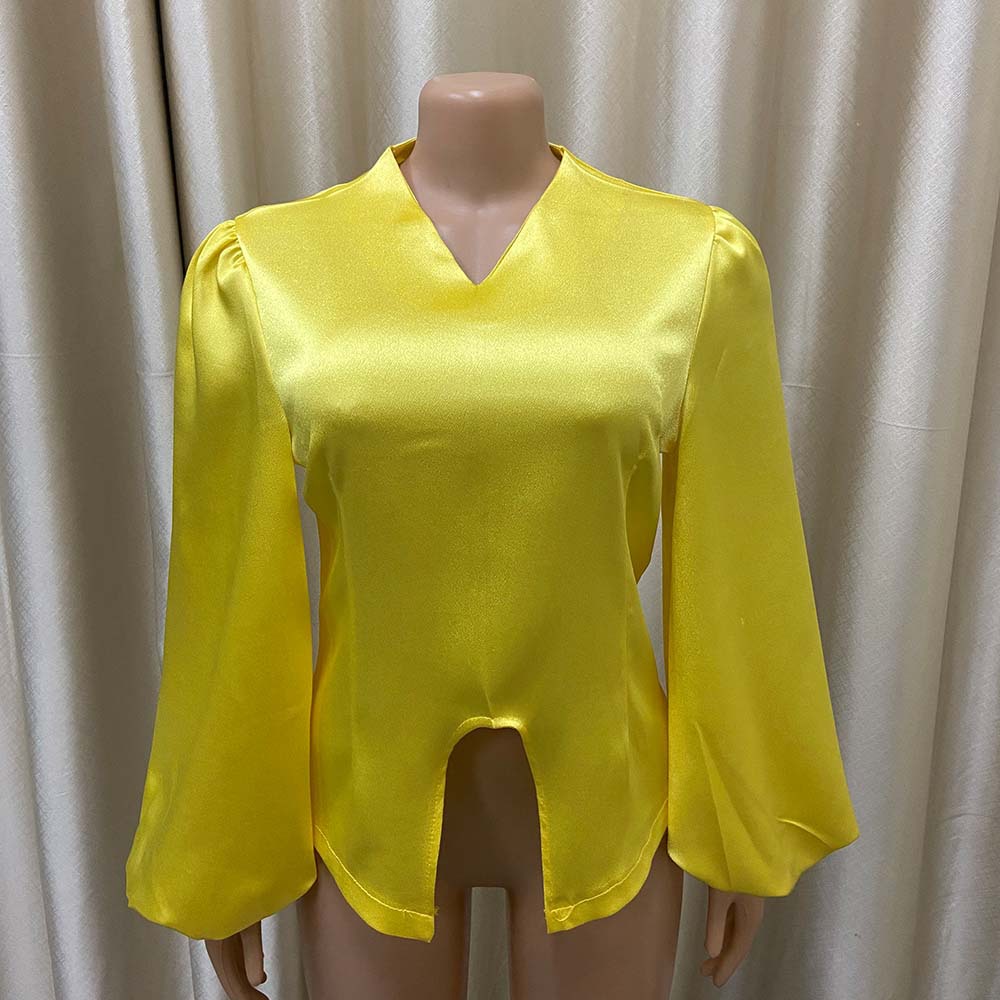 V Neck Neckline Wholesale Fashion Solid Color White Red Yellow Long Sleeve Patchwork Blouses