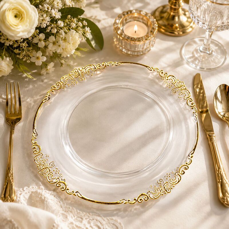 Export Christmas Pet Gold-Edged Transparent Round Plastic Plates Hotel Decoration Serving Plates 13inch Ps Dinner Plates Plate Export Christmas Pet Gold-Edged Transparent Round Plastic Plates Hotel Decoration Serving Plates 13inch Ps Dinner Plates Plate