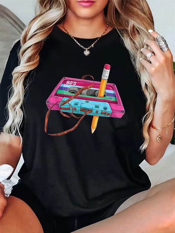 Women's T-Shirt with Music Festival Retro Cassette Design - 80S Music and Fashion Collision Pattern Print Women's Crew Neck Women's T-Shirt with Music Festival Retro Cassette Design - 80S Music and Fashion Collision Pattern Print Women's Crew Neck