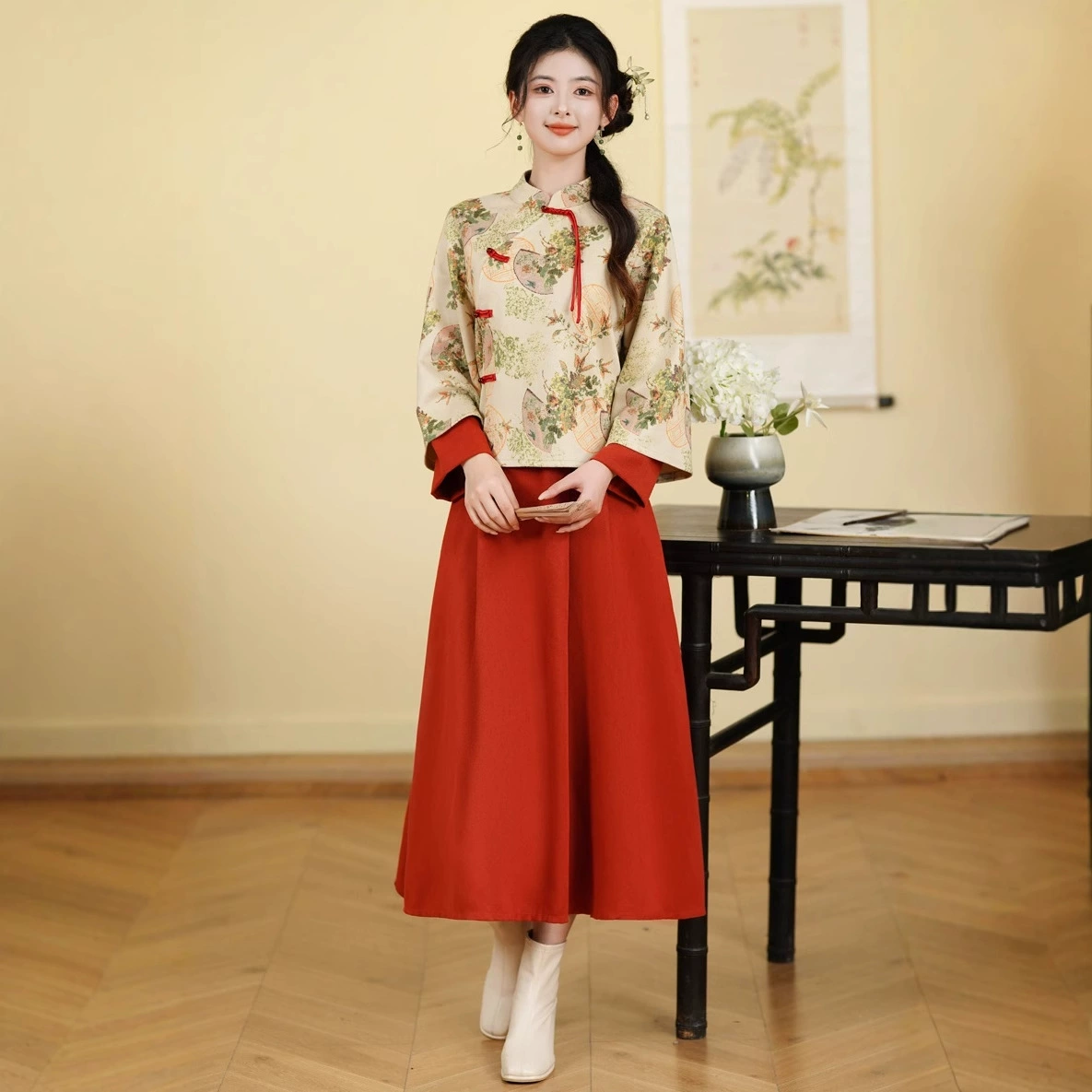 Весенне-осенний комплект в новом китайском стиле: ретро-платье с принтом, элементы тан-костюма, модифицированный ханьфу, топ-ципао в национальном стиле, чайный костюм, комплект из двух предметов
