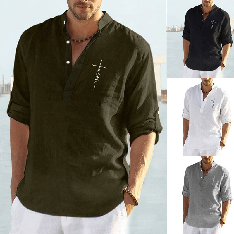 2025 Spring and Autum New Stand-Up Collar Long-Sleeved Men's Shirts Fashionable Casual Tops Cross-Border Export Large Size Shirts Trendy 2025 Spring and Autum New Stand-Up Collar Long-Sleeved Men's Shirts Fashionable Casual Tops Cross-Border Export Large Size Shirts Trendy