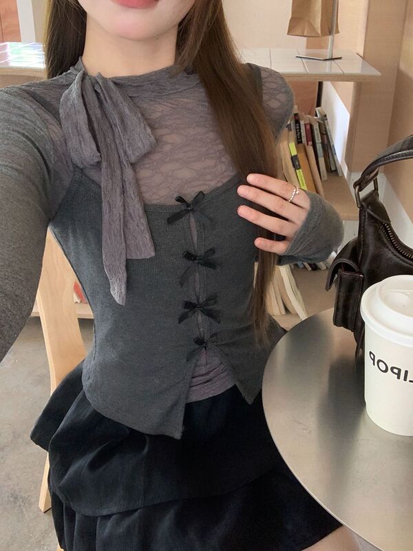 灰色辣妹蝴蝶结真两件长袖t恤女秋季设计感纯欲风修身打底衫上衣|undefined
