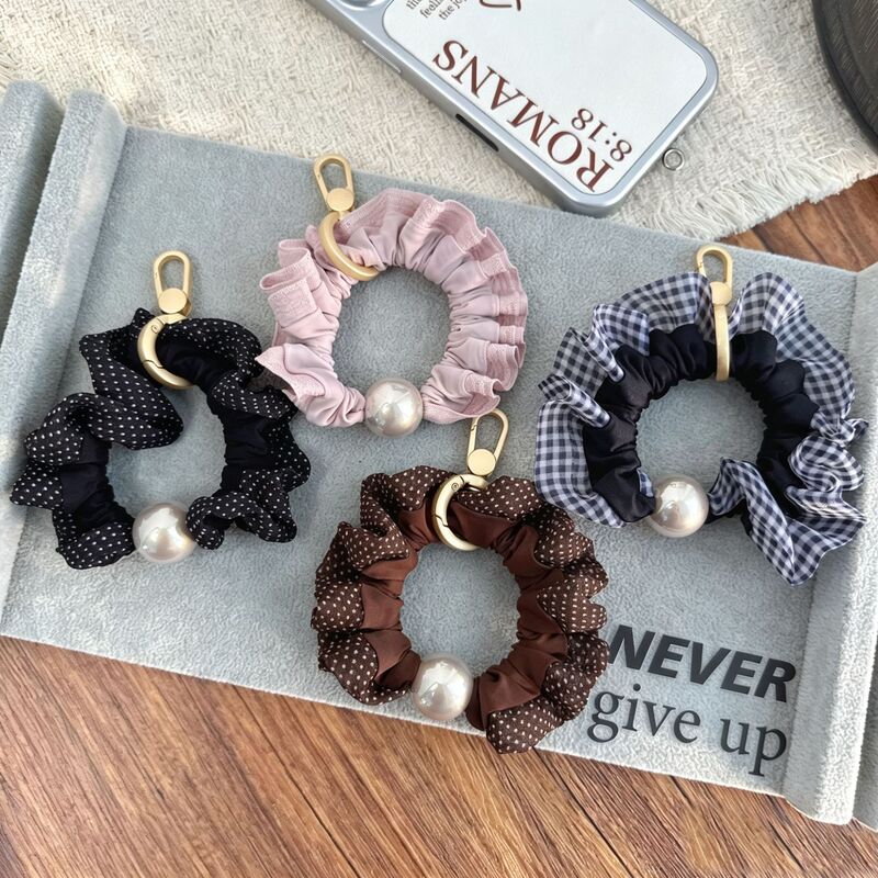 French-style pearl hair tie, fabric scrunchie, phone strap, dual-purpose, 2026 new collection, polka dot and plaid patterns, elegant design, wholesale