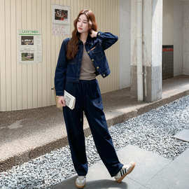 复古牛仔套装女2025年新款秋季韩版休闲阔腿裤长裤两件套气质女装