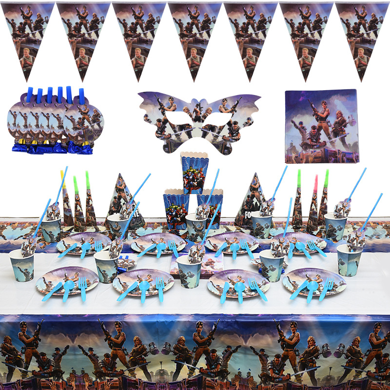 Amazon Venta caliente juego tema partido tire bandera plato de papel vajilla traje decoración del partido traje fortaleza noche