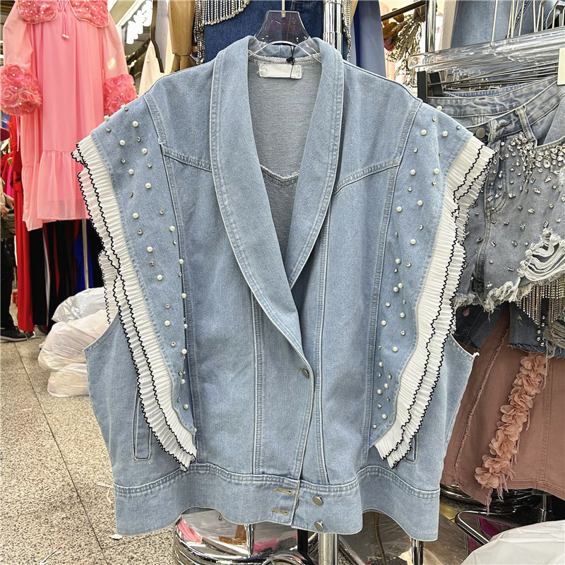 2024 primavera retro nicho con solapa de bordes de lótus sueltos versátiles lavado con agua cardigán azul chaqueta