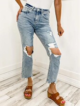 Y 59304 Women's Solid Color Distressed Jeans ��ɫ�ƶ�ţ�п�