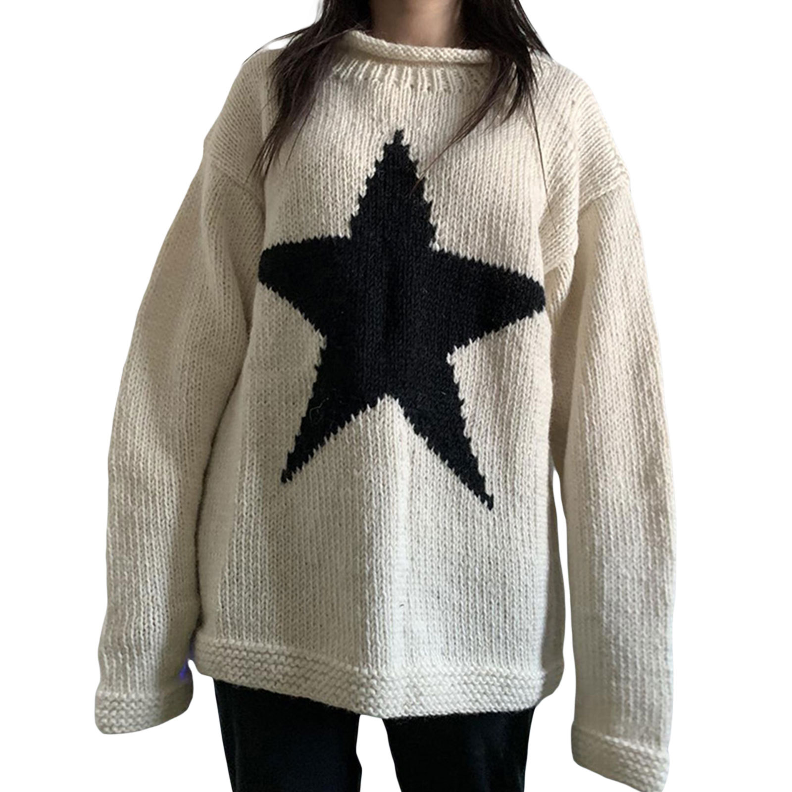 Estación independiente de Amazon Otoño e invierno europeo y americano suéter de color de contraste de estrella de cinco puntas femenino y2g cuello redondo suelto de punto superior femenino 806