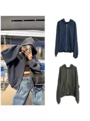 25Fall/Winter New Arrival Washed Distressed Zip-Up Hoodie with Bullet Chat Print Unisex Oversized Streetwear