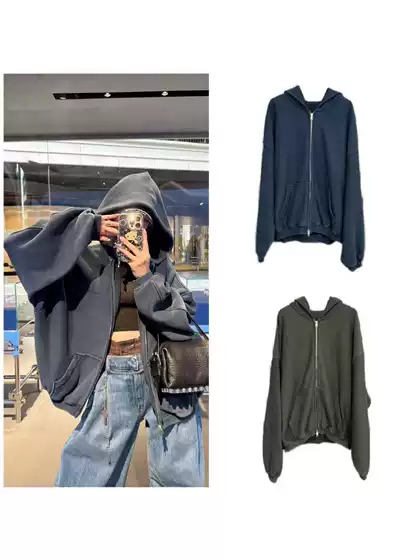 25Fall/Winter New Arrival Washed Distressed Zip-Up Hoodie with Bullet Chat Print Unisex Oversized Streetwear