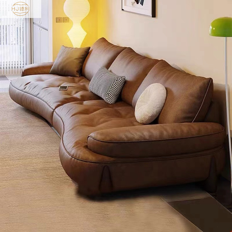 Italian-Style Minimalist Curved Genuine Leather Sofa for Small and Large Living Rooms, Three-Seater Simple Curved High-End Genuine Leather Sofa