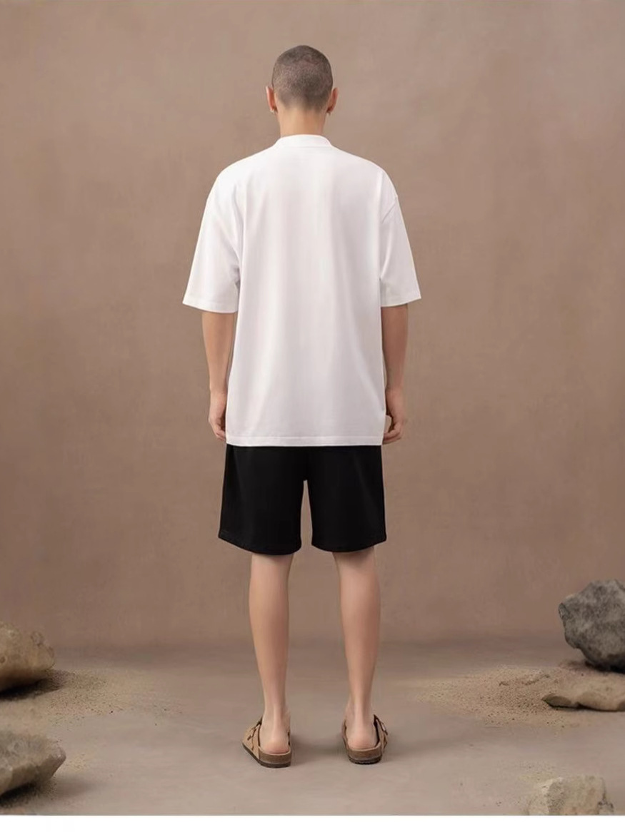 310g pesado cuello pequeño camiseta de cuello alto de manga corta europea y americana hombre de hombro caído casual pareja casual en la parte superior versátil