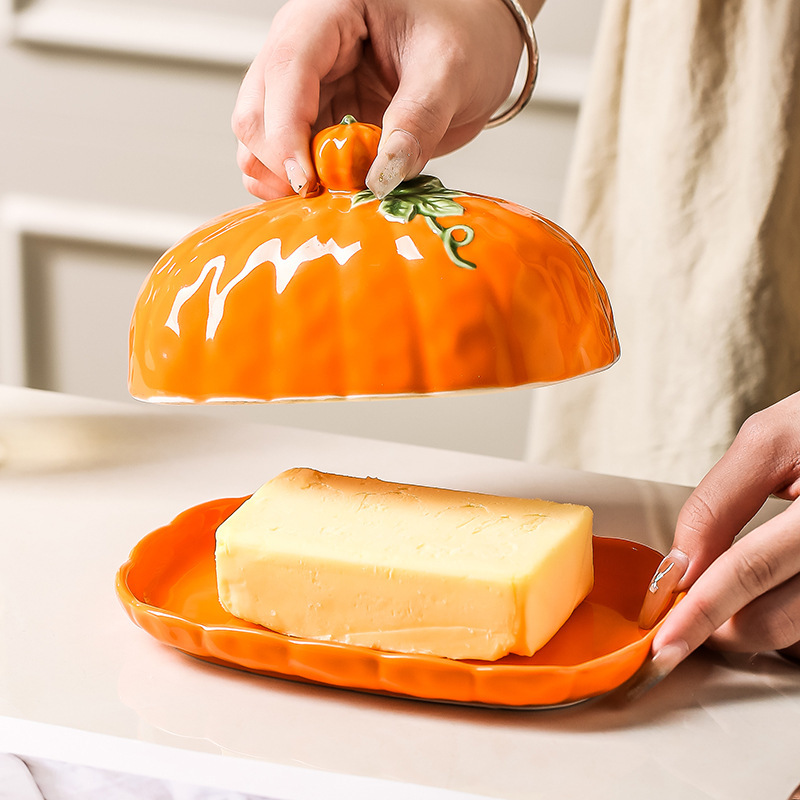 Cross-Border Halloween Ceramic Pumpkin Butter Dish Creative Cream with Lid Kitchen Household Butter Storage Manufacturer Wholesale
