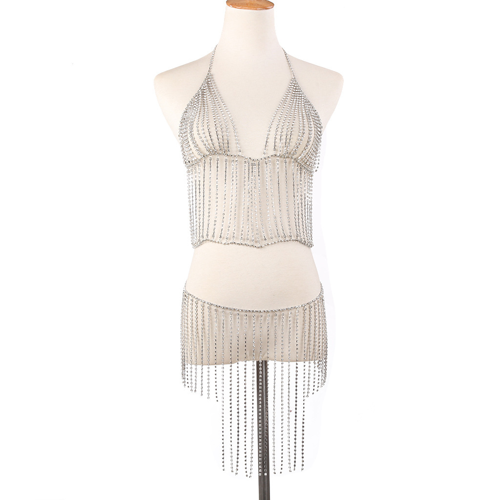 Joyería transfronteriza europea y americana moda de verano rhinestone sujetador falda traje sexy discoteca cadena de la cintura borla cadena del cuerpo femenino