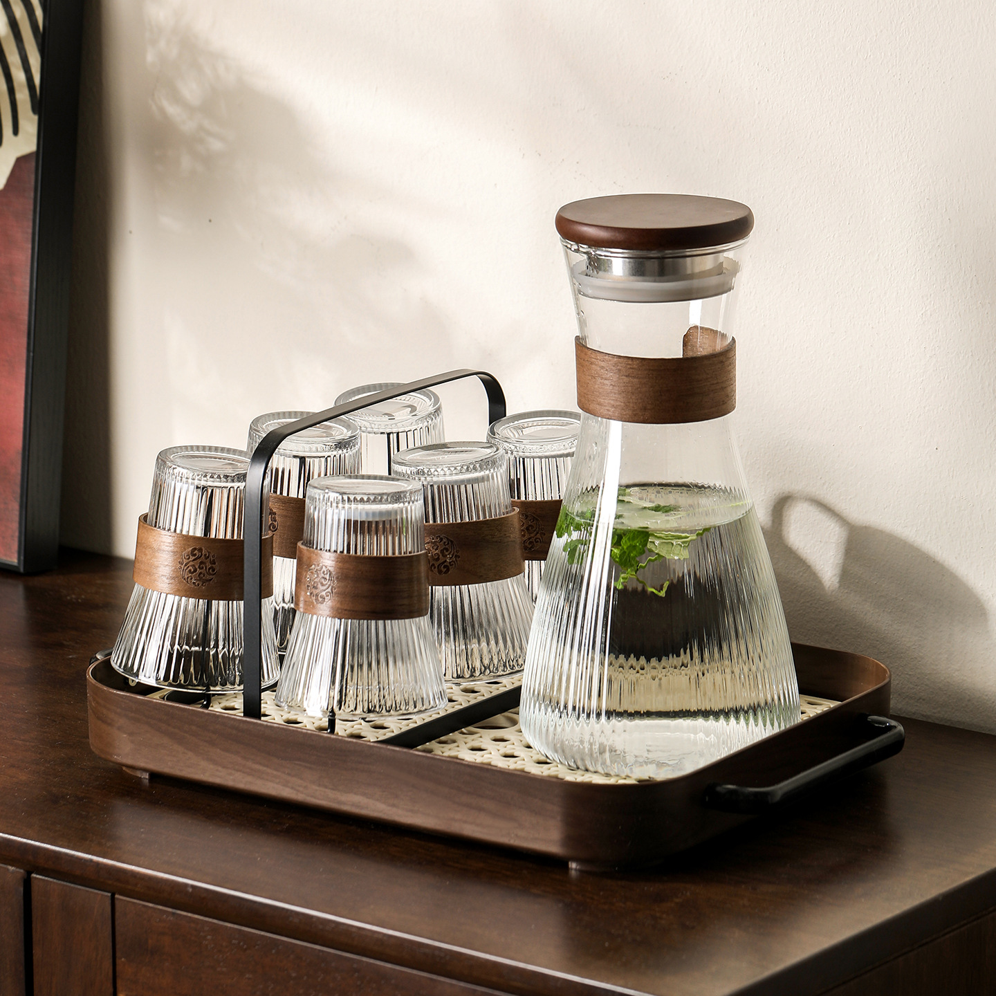 Living Room Glass Teapot Large Capacity Water Cup Set Heat-Resistant Glass Cold Water Jug Tree Pattern Household Cold Water Jug and Cups
