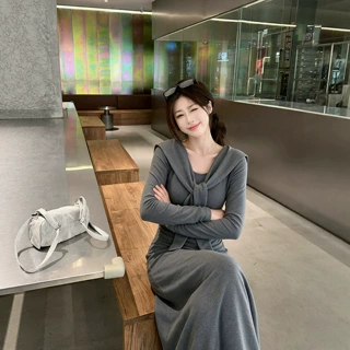 大码女装显瘦高腰收腰针织秋季设计感法式气质显瘦长裙