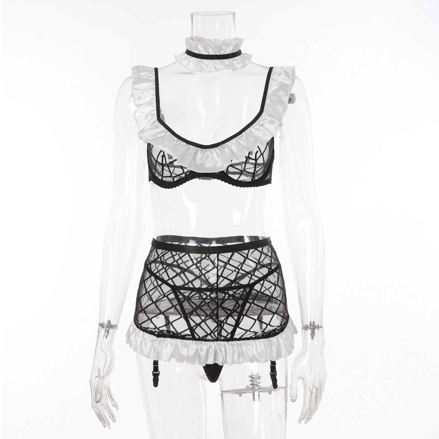  Black And White Sheer Mesh Maid Lingerie Set For Women