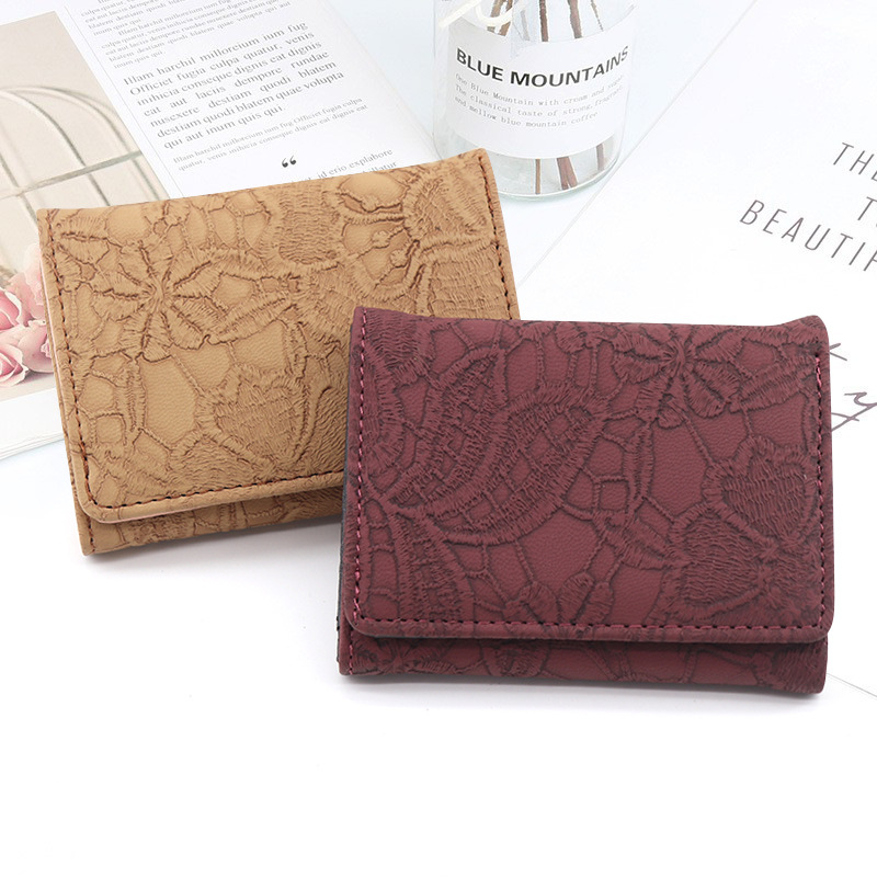 Nuevo tres veces bolso vintage de imitación de encaje de cuero monedero exquisito lindo pequeña cartera femenina tarjeta de Efectivo bolsa integrada