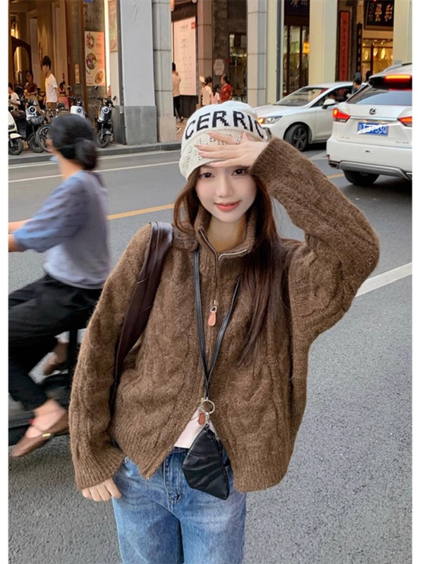美拉德高领双拉链毛衣开衫女秋冬宽松慵懒风小众加厚麻花针织外套|undefined
