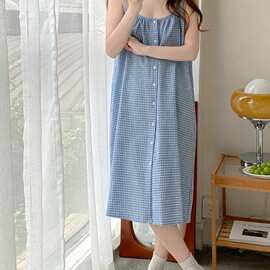 蓝白小格纹前排扣吊带中长款睡裙女夏季小清新甜美家居服批发