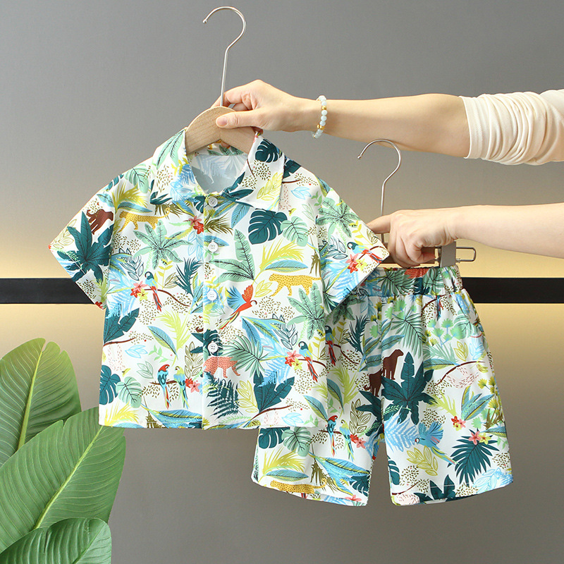 8091 traje de manga corta para niño 2025 nueva camisa de verano moda occidental hermosa ropa para niños de vacaciones en la playa