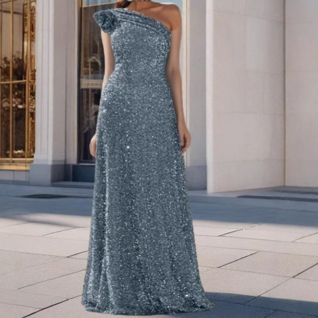 2026 Cross-Border New Style Sequin One-Shoulder Backless Sleeveless Long Sequin Silver Flared Dress Evening Gown