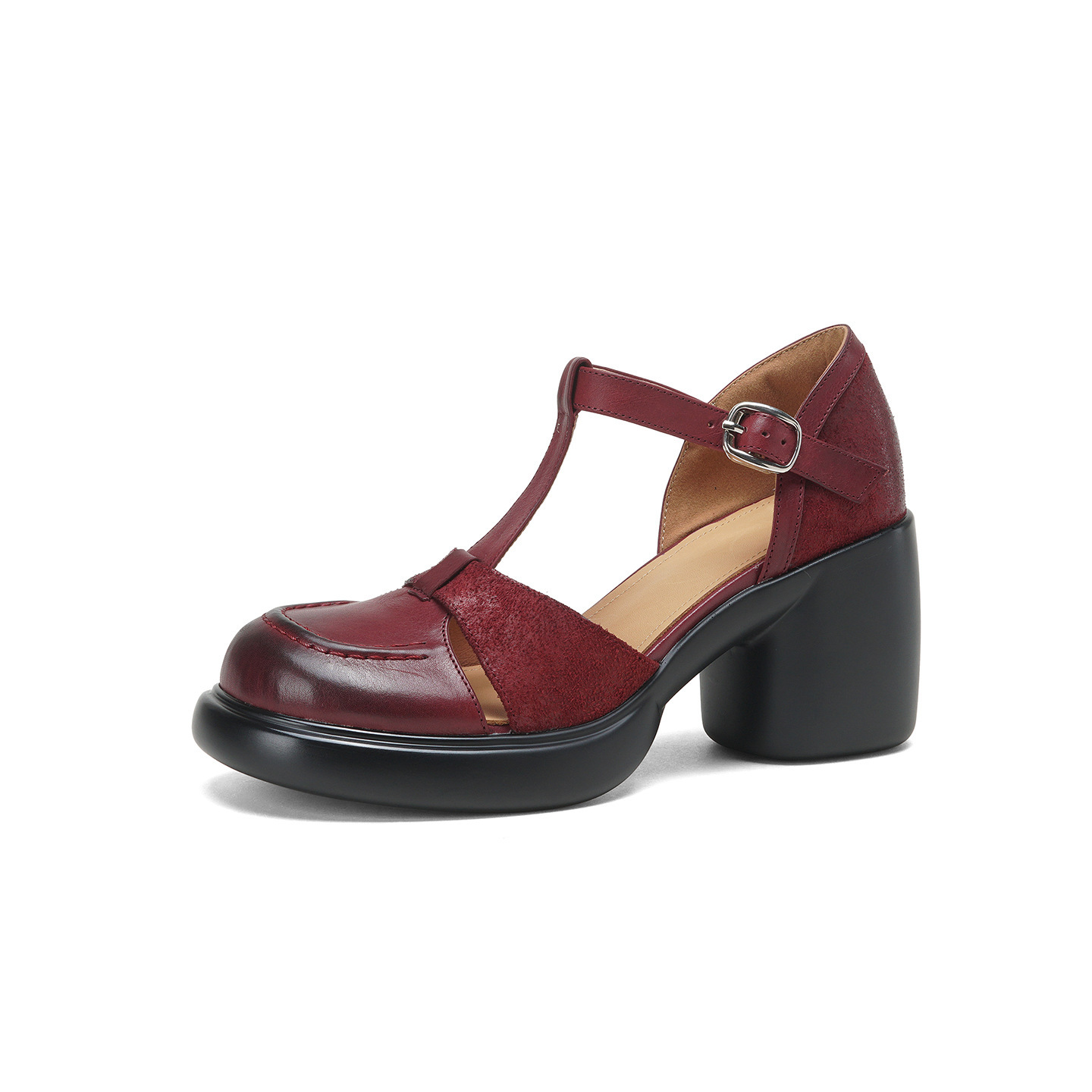 Sandal nữ cao gót mũi nhọn quai chữ T da bò, gót 8 cm — đen