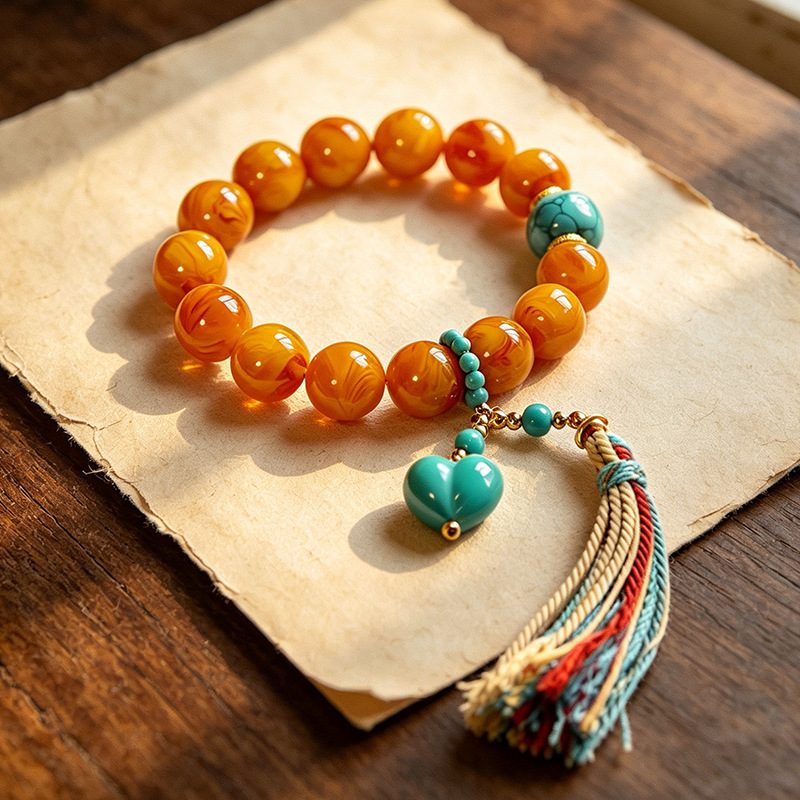 Retro ethnic style imitation amber bracelet, Chinese-style temple imitation turquoise heart-shaped tassel bracelet, new Chinese-style hand accessory Retro ethnic style imitation amber bracelet, Chinese-style temple imitation turquoise heart-shaped tassel bracelet, new Chinese-style hand accessory