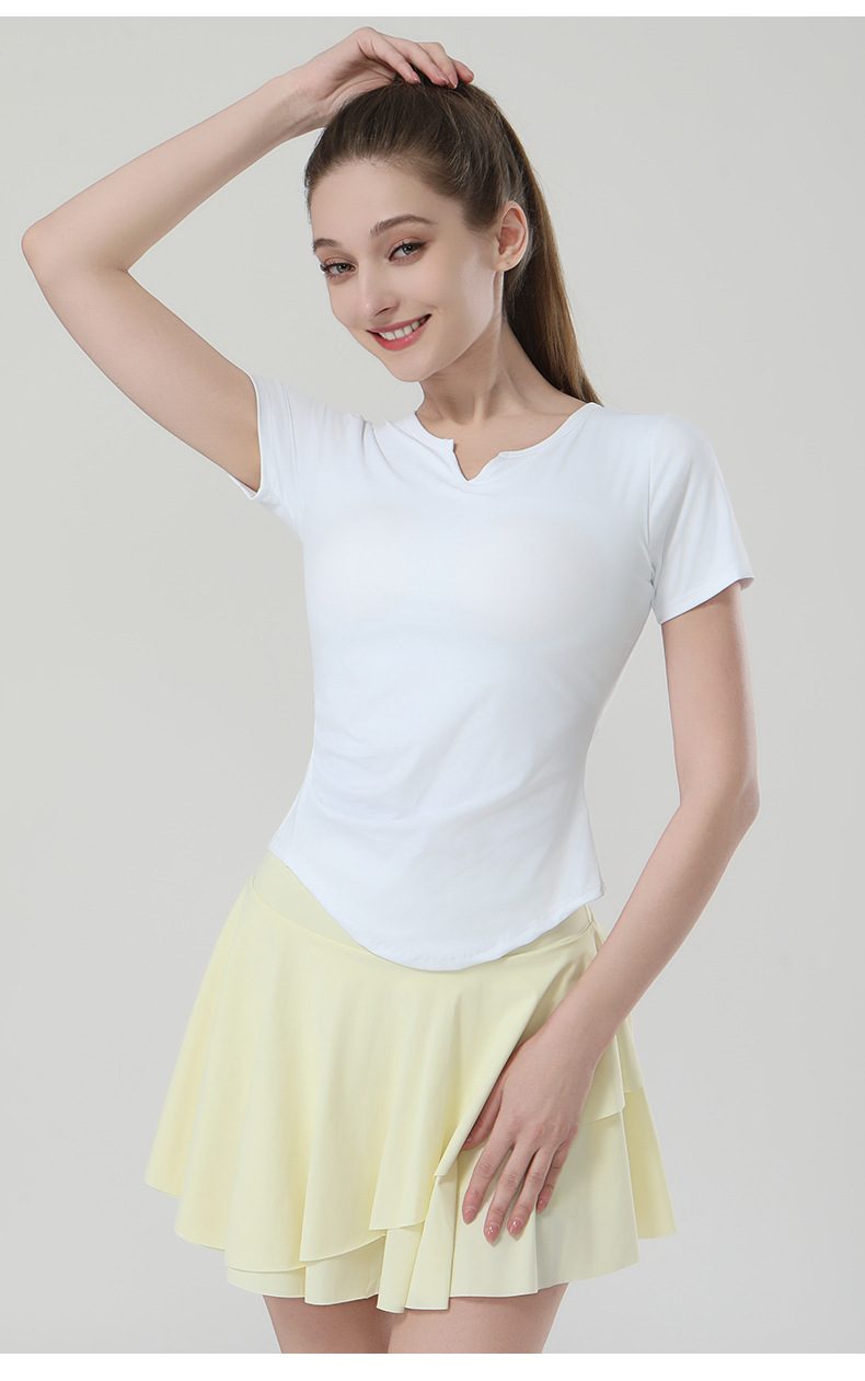春季新款锦纶瑜伽T恤女带胸垫V领高弹短袖t恤时尚健身瑜伽上衣详情19