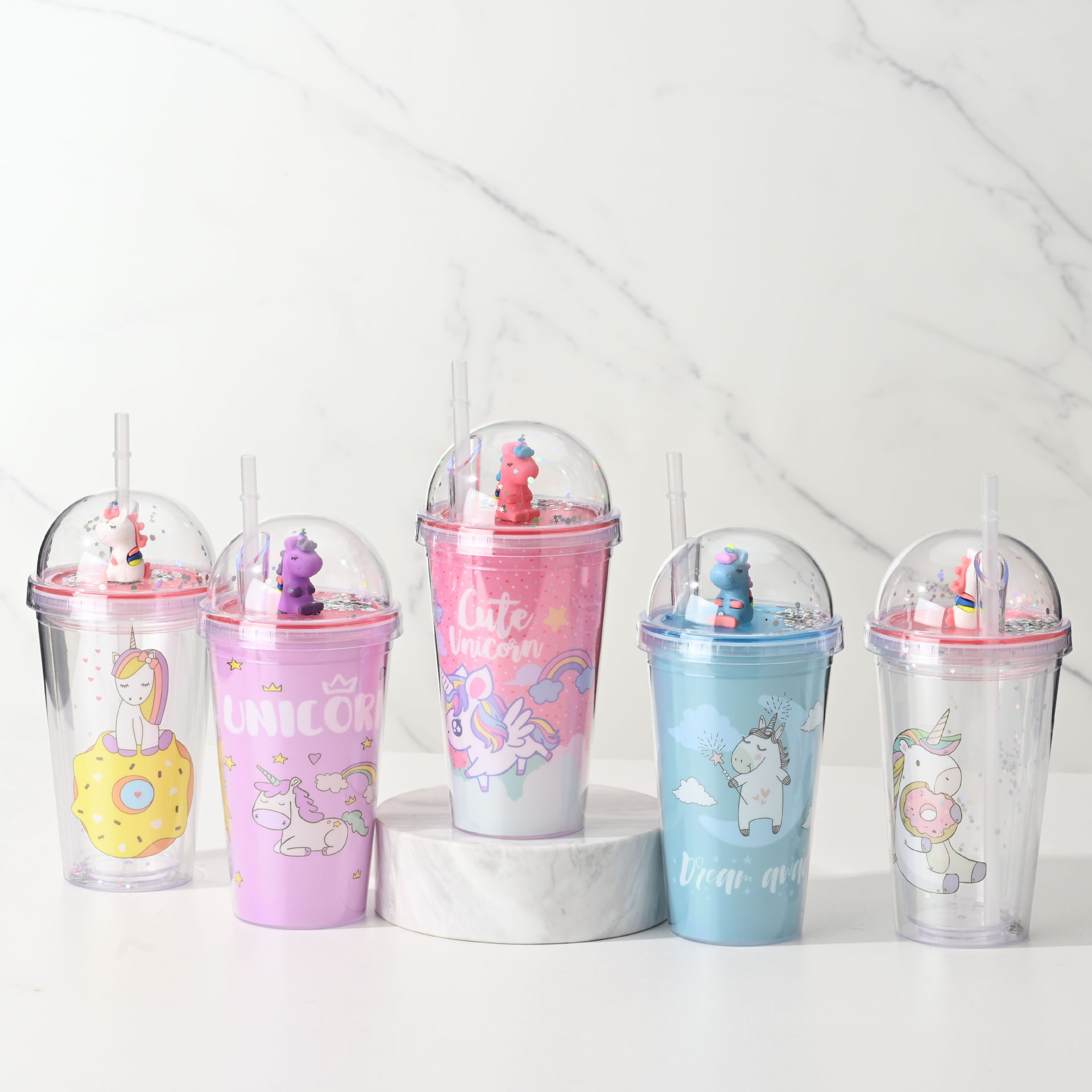 Internet celebridad de dibujos animados unicornio taza de agua de doble capa de plástico de hielo taza de trituración taza de paja taza de alto aspecto estudiante taza de los niños
