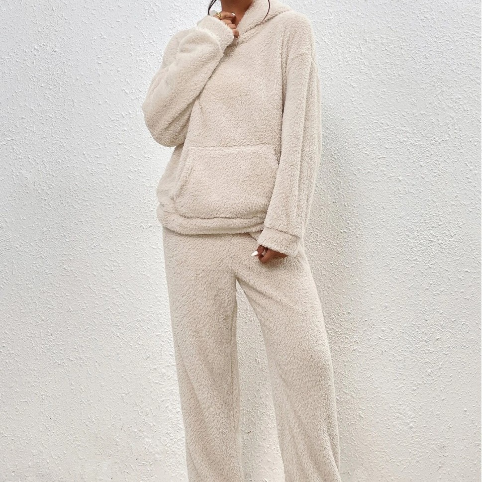 In-Stock European and American Cross-Border 2025 Autumn and Winter Solid Color Women's Hooded Long-Sleeve Patch Pocket Casual Long Pants Home Two-Piece Set