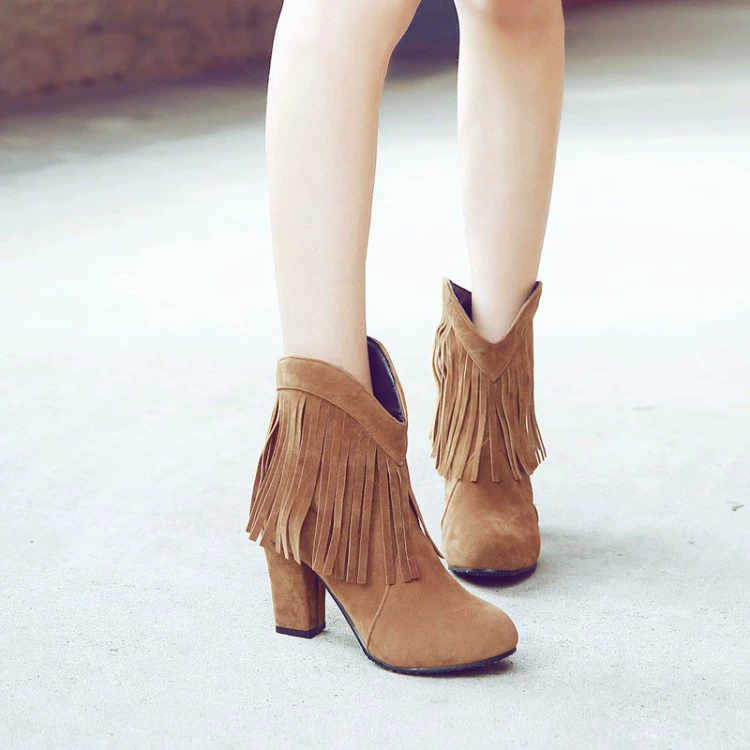 2021 весна и осень Новые матовые ботильоны модные толстые каблуки повседневные с кисточками Большие размеры Внешняя торговля трансграничная AliExpress