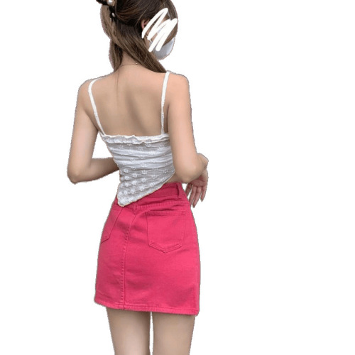 Raspberry Half-Body Skirt for Women 2025 New Summer Hot Girl Short Skirt High-Waisted Hip-Hugging Skirt Dragon Fruit Color Denim Skirt