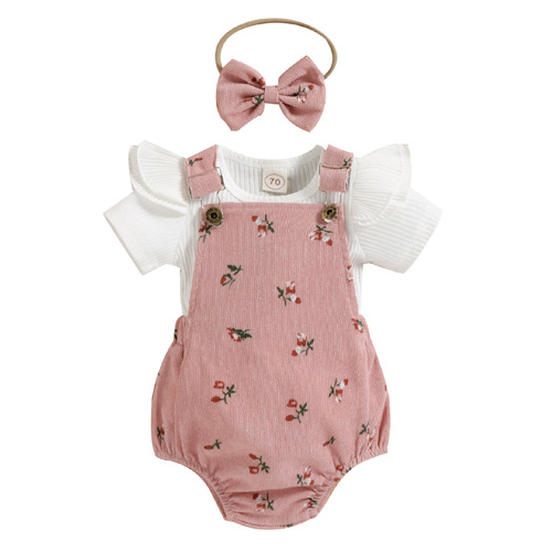 Baoxin girls' clothing foreign trade cross-border new style pitted flying sleeves floral corduroy suspenders and hairband three-piece set