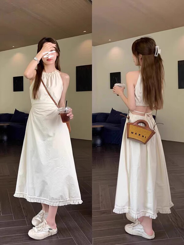 Hot Style] Halter Neck Strap Sleeveless White Dress for Women Summer New Style Backless Seaside Vacation Beach Long Dress Elegant
