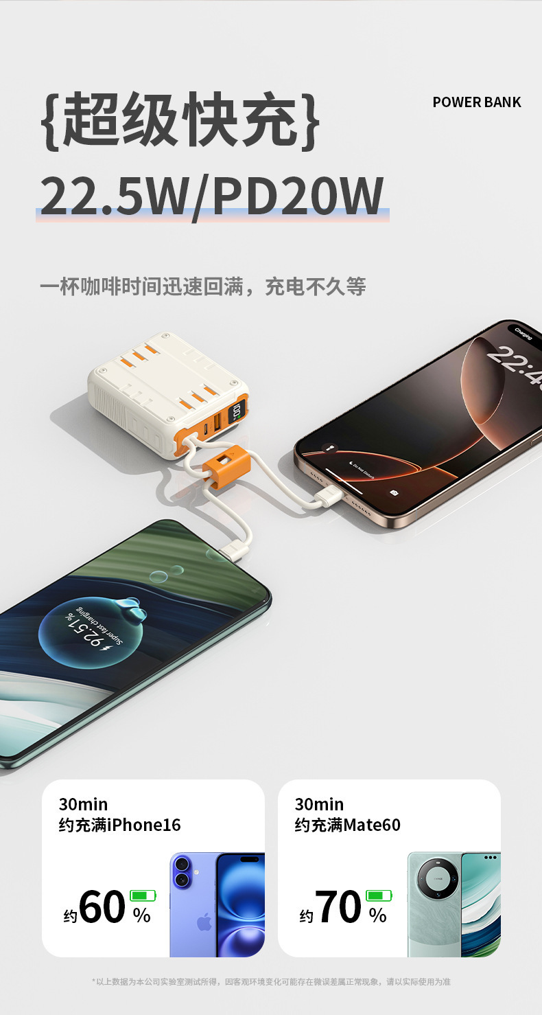 3 New Mobile Power Banks with Built-in Cable Multiple Ports 22.5W Super Fast Charging Portable Large Capacity Long Battery Life Power Bank
