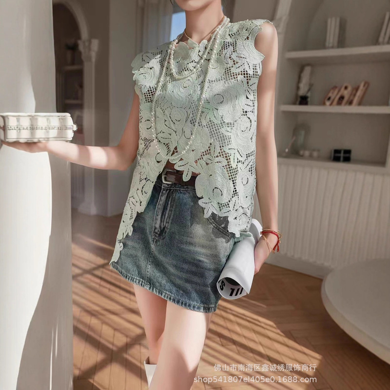 Thin High-End Seaside Resort Style Cut Out Crochet Lace Asymmetrical Vest Fashionable Slimming Look Shirt Tops for Women