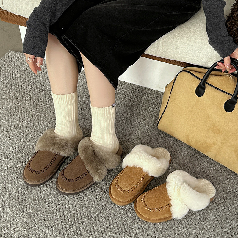 Guangzhou Plush Flats-Bottomed Toe-Cap Casual Lazy Fur Slippers for Outer Wear, Comfortable and Lightweight Toe-Cap Slippers, One-Legged Cotton Shoes