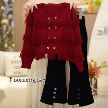 女童秋装套装2025新款洋气秋季大童女孩时髦流苏毛衣喇叭裤两件套