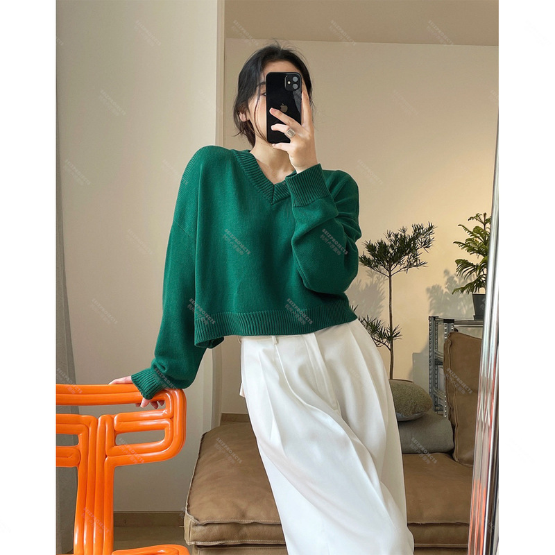 "Private Style" Spring New Korean Style Fashionable High Waist Navel V-Neck Sweater Loose Slimming Casual Top for Women